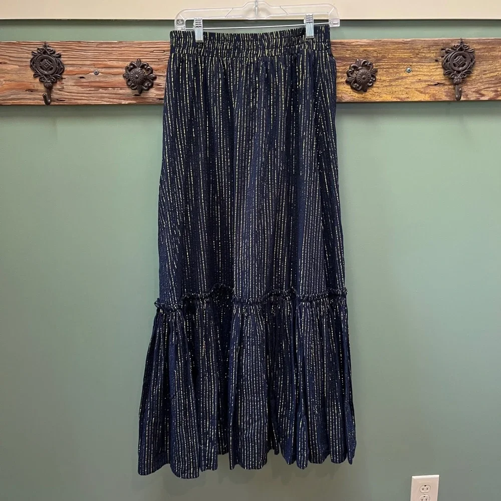 Boden Navy Gold‎ Metallic Pinstripe Tiered Maxi Skirt US 8 NWT Holiday Party